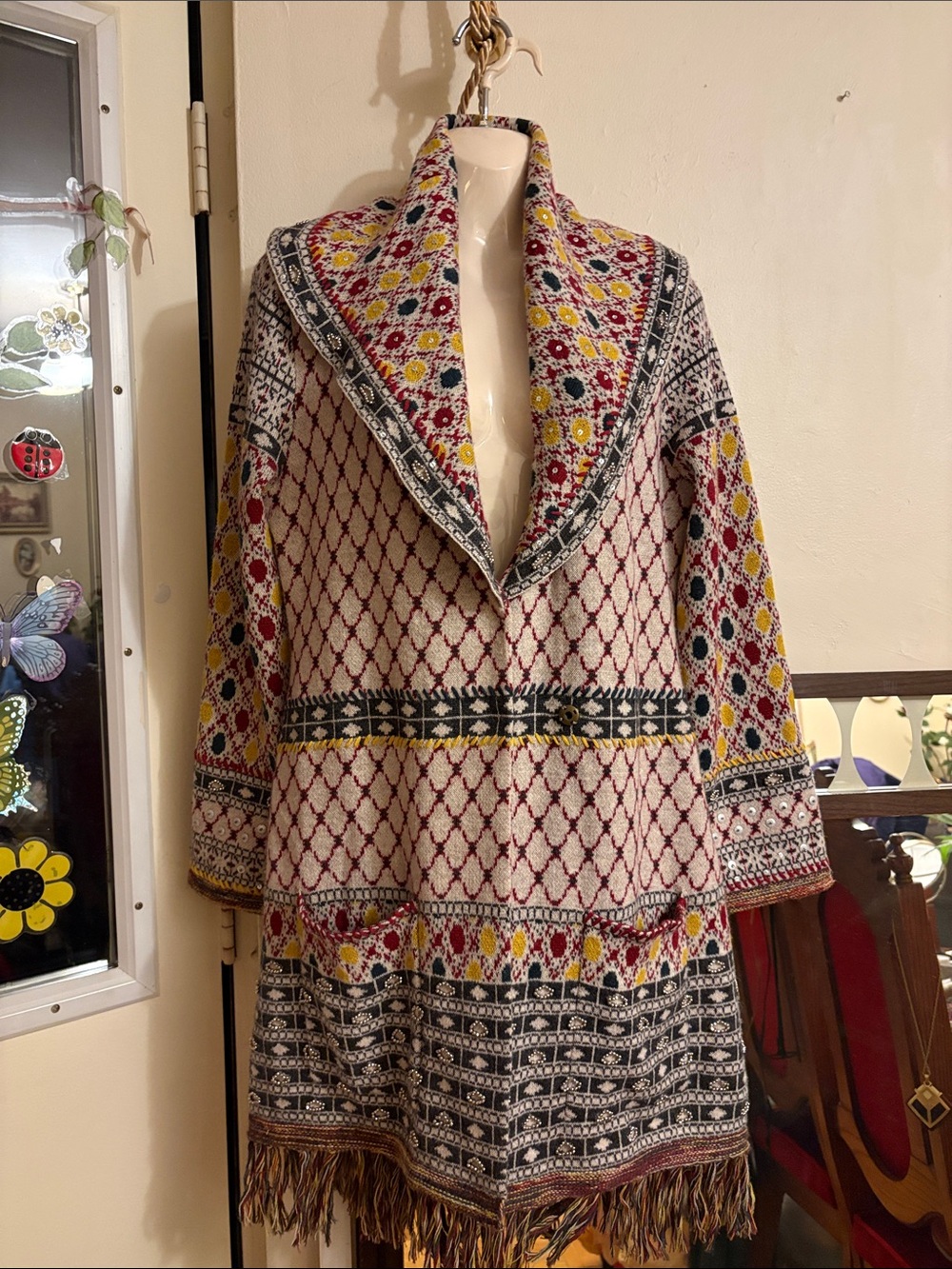 Anthropologie Multicolor Patterned Shawl-Collar Fringe Cardigan Coat. Wool